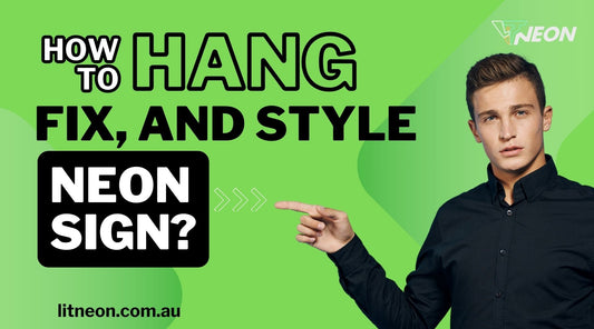 A man is pointing with his finger the text how to hang neon sign?