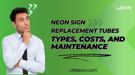 A man is thinking while looking at the text neon sign replacement tubes.