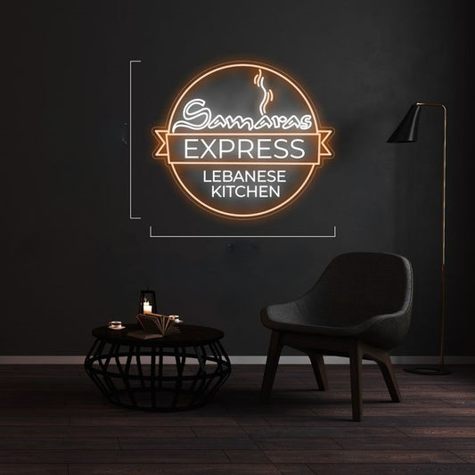 A logo sign Samaras express lebanese kitchen