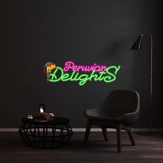 custom neon Peruvian delights sign